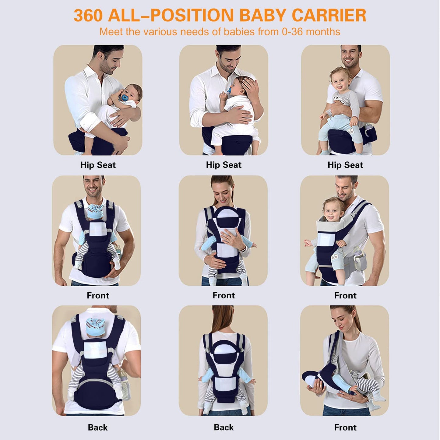 Baby Carrier Ergonomic Infant Carrier with Hip Seat Kangaroo Bag Soft Baby Carrier Newborn to Toddler 7-45lbs Front and Back Baby Holder Carrier for Men Dad Mom (Blue)