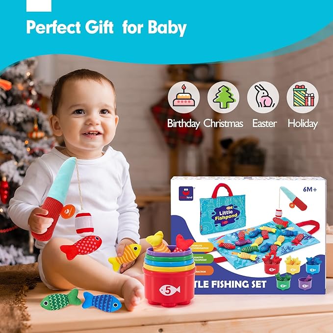 hahaland Toddler Toys Montessori Toys for 1 Year Old Boy Girl Birthday Gift - 10 in 1 Cloth Fishing Game Christmas Toddler Gifts 1-3 with Stacking Cups - Number Counting, Color Sorting Learning