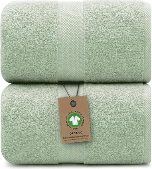 100% Organic Luxury Bath Sheets - GOTS Certified - Extra Large 35x70 Inches (Pack of 2) Zero-Twist, Long-Staple Cotton Bath Sheet Set (Eucalyptus Green)