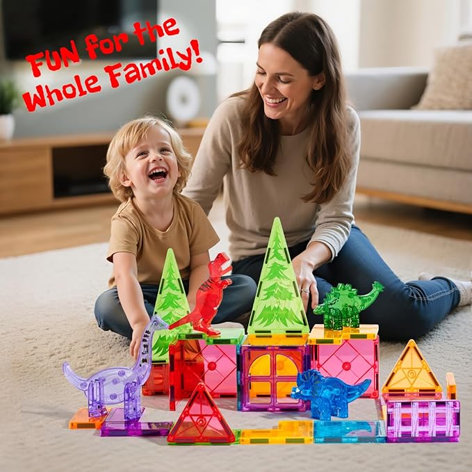 Magnetic Tiles 32 Piece Set, Dinosaur Toys for Kids 3-5, STEM Building Blocks with Trees and Figures, Educational Construction Set for Boys and Girls