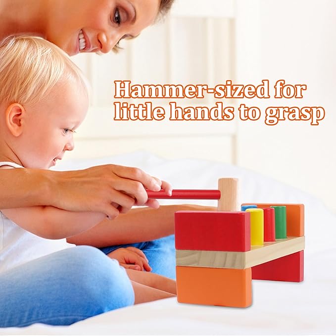 Hidoggy Wooden Hammer Toy for Toddlers 1-3, Montessori Pounding Bench Toy with 8 Pegs and Mallet for Hand-Eye Coordination, STEAM Toddler Toy