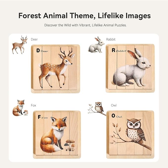 4 in 1 Wooden Animal Chunky Puzzle, 5 Solid Wood Puzzle Blocks with 4 Sides Realistic Forest Animals, Wooden Block Puzzle with Durable Base for Toddlers 3+ Years - Montessori Inspired