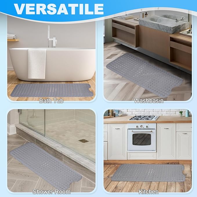 Linoows Bathtub and Shower Mats, 40x16 Inch Extra Large Non Slip Soft Bath Tub Mat with Suction Cups and Drain Holes for Bathroom Floor and Keep Tubs Clean, Machine Washable, Gray