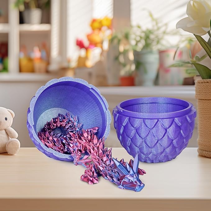 Small Dragon Eggs with Dragon Inside, 3D Printed Surprise Funny Gifts for Kids, Articulated Dragon Fidget Toys for Adults, Executive Desk Toys Office Room Décor (Shiny Purple)