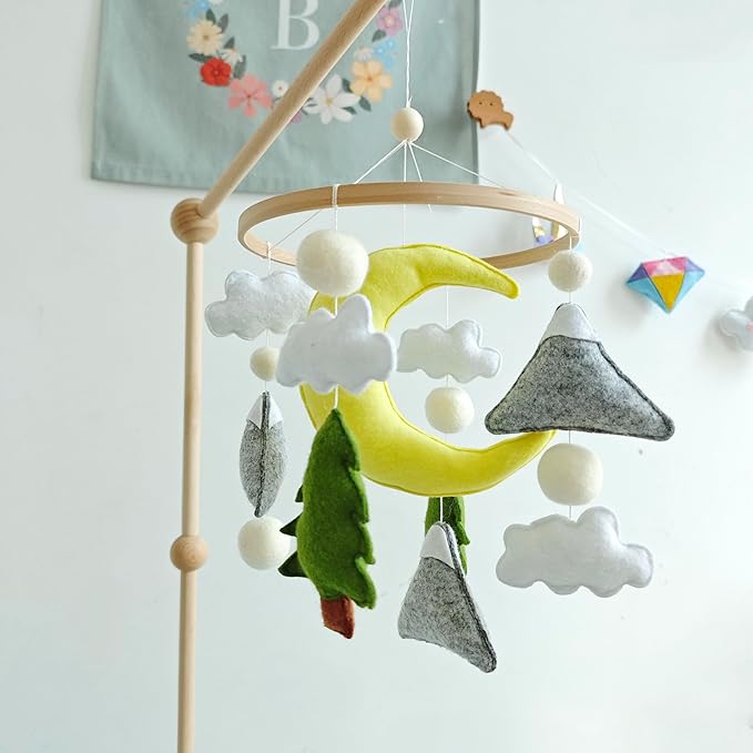 Moon Baby Mobile for Crib, Felt Baby Crib Mobile for Boys Girls, Baby Mobile for 0-5 Months,Nursery Decor Theme for Infant Bedroom Hanging(Mountain Cloud Mobile Hanger)