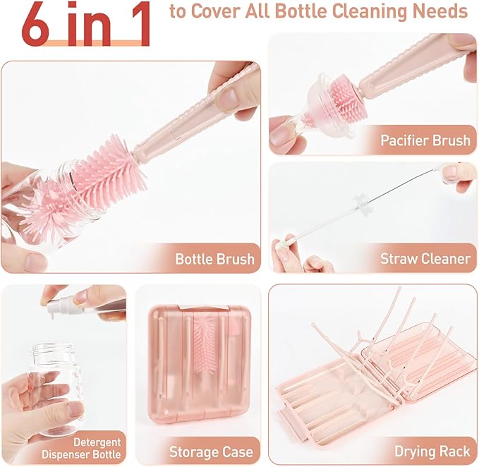 Baby Bottle Brush Set, 6-in-1 Travel Bottle Cleaning Kit with Silicone Bottle Brush, Nipple & Straw Brush, Soap Dispenser, Drying Rack, Storage Box – Compact Travel Baby Essential for Home & On-The-Go