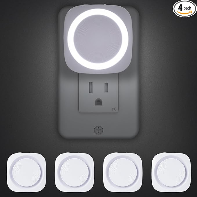 White Night Lights Plug into Wall, 4 Packs Dimmable Night Light with Dust to Dawn Sensor, Automatically Turn on and Off, Gentle Glow Nightlight for Bathroom,Bedroom,Stairs,Kitchen,Hallway, White