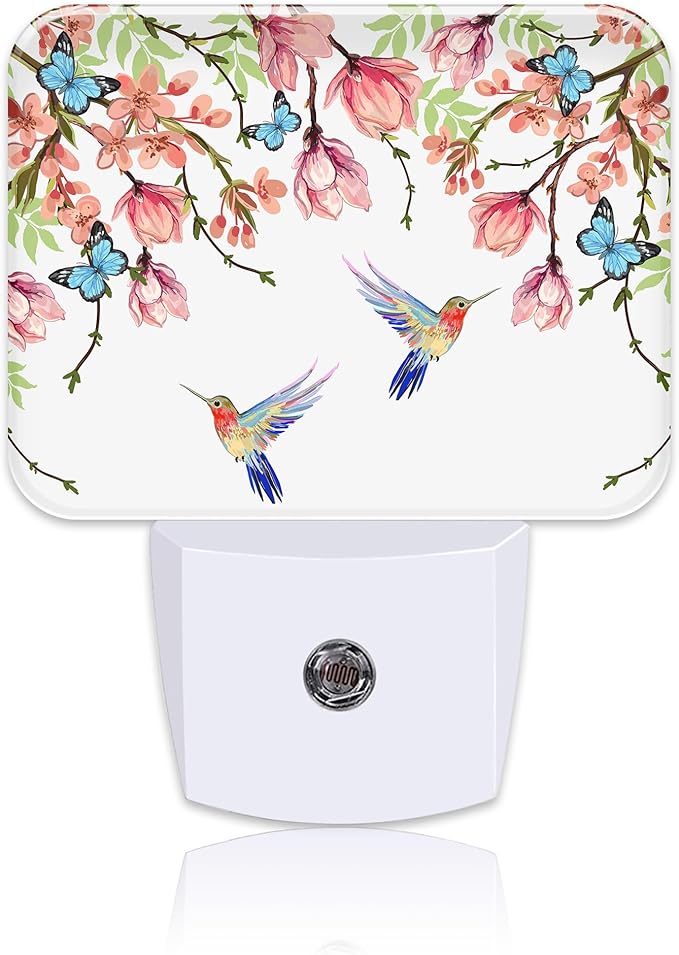 Hummingbird and Blue Butterfly Plug in Night Lights, Wisteria Flowers Nightlight Plug Into Wall Dusk to Dawn Sensor for Kid Girls Boys Women Bedroom,Hallway,Kitchen,Bathroom,Stairs Decor