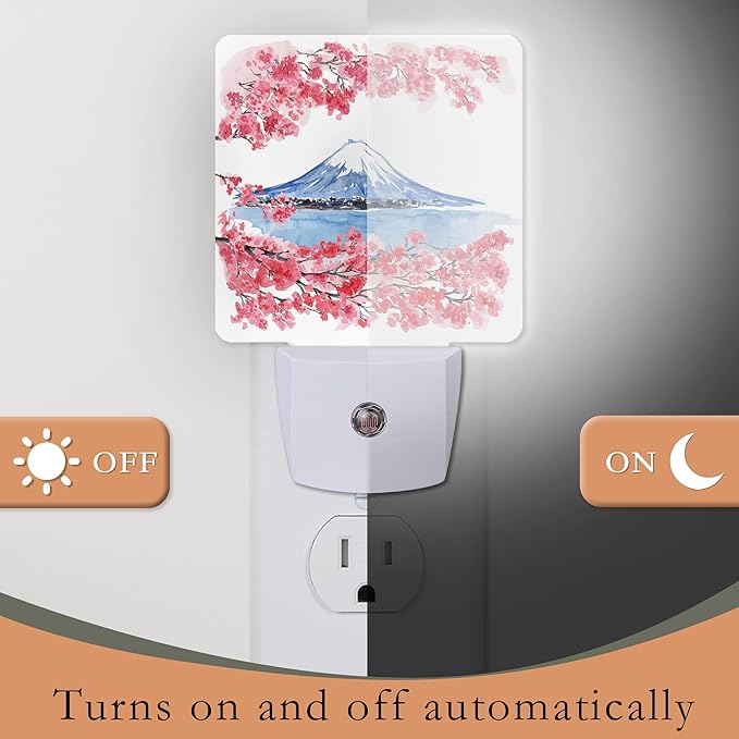 Cherry Blossoms Night Light,Mountain Fuji Plug-in Wall Led Night Lights Decor for Boys Girls Room,Dusk to Dawn Sensor Wall Lamp for Stairway/Hallway/Kitchen,0.5W