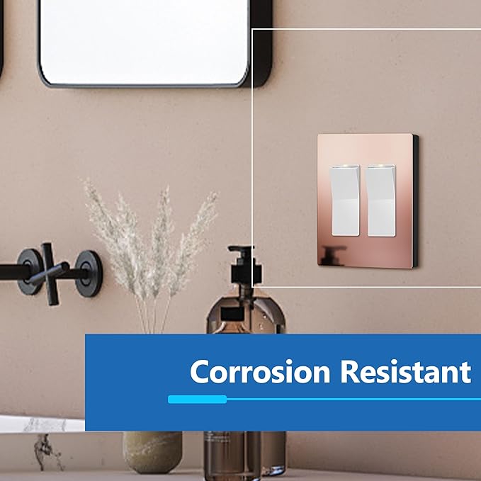 LIDER Double Decorator Metal Wall Plate, Temperature and Impact Resistant, 201 Stainless Steel, Screwless Cover, Modern Upgrade, Mid-Size 2-Gang 4.88” x 4.92”, Polished Rose Gold, LSMWP-32M-PRG