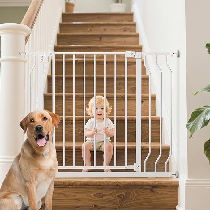 Baby Gate for Stairs, Baby Safety Essentials, Auto Close Gate for Doorways, Easy Install Pressure Mounted Dog Gate Indoor, Pet Gates for Dogs, White
