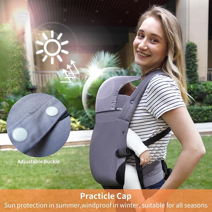 Baby Carrier, Baby Carrier Newborn to Toddler, Ergonomic, Cozy and Lightweight Infant Carrier for 7-44lbs, Toddler Carrier Ideal for Hands-Free Parenting with Zipper Pouch, Bottle Bag, Windproof Cover
