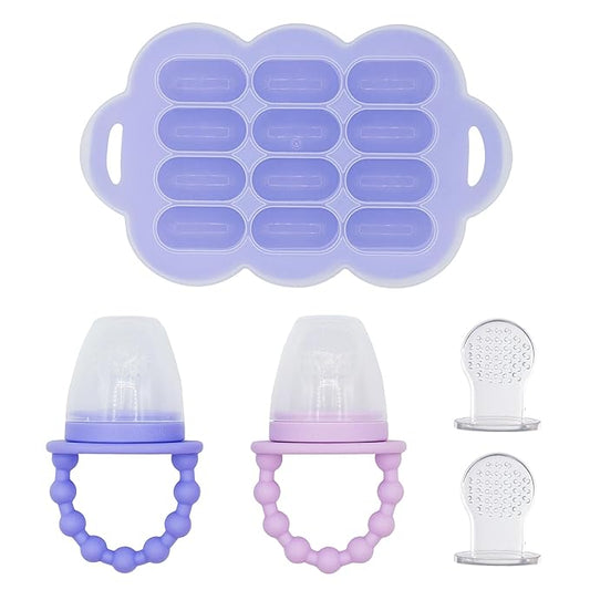 WeeSprout Baby Food Feeder Set - 2 Silicone Feeders & Reusable Freezer Tray with Lid - BPA-Free Fresh Fruit & Veggie Pacifier for Babies & Toddlers - Double as Teething Toys - Dishwasher Safe