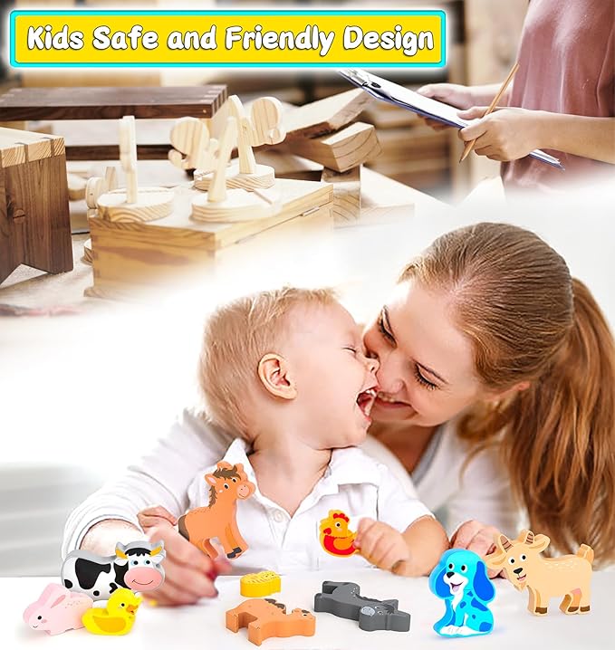 Wooden Animal Puzzles Toys for Toddlers,12 Pcs Farm Animal Figures,Animal Matching Sorting Stacking Toys for Boys Child Girls,Educational Learning Toys Gift for Kids