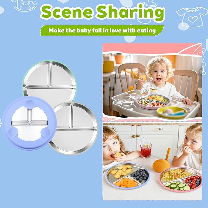 3-Pack Stainless Steel Baby Plates with Suction, BPA-Free Stainless Steel Kids Plates, 9” Divided Toddler Plate for Dishwasher Safe, Non-Slip Silicone Base, Detachable Design (Blue, Gray, Green)