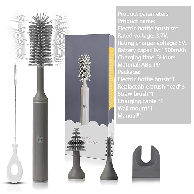 Electric Baby Bottle Brush Set with Rechargeable Electric Bottle Brush Cleaner and Replaceable Silicone Bottle Brushes and Straw Brush Cleaner, Waterproof Multi-Purpose Cleaning Brush（Grey）