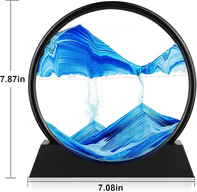 Moving Sand Art Picture - 3D Quicksand Painting Decor - Round Glass 3D Deep Sea Sandscape - Relaxing Home Decoration Desk Toys for Home Office Desk Mantle Bookshelf- (Blue, 7 in)