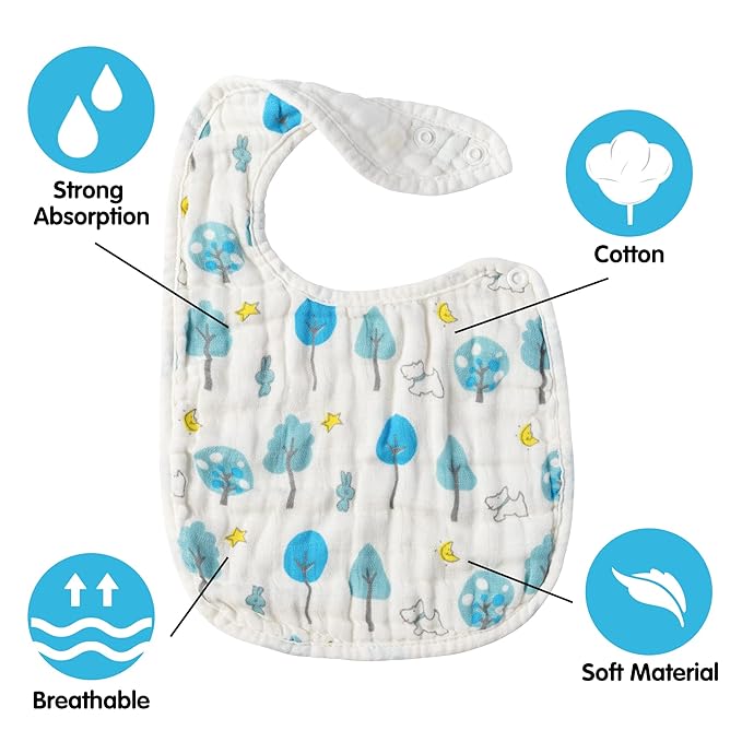 Zainpe 6Pcs Snap Muslin Cotton Bibs for Baby Bear Fox Deer Dog Bib Adjustable Machine Washable Burp Cloths with 6 Absorbent Soft Layers for Unisex Infant Newborn Toddler Drooling Feeding Teething