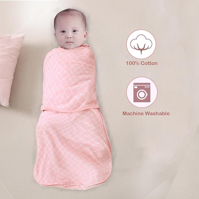Baby Swaddle,Sleep Sack 3-6 Months,3-Way Adjustable Wearable Transition Blanket Boy and Girl,100% Cotton,TOG 1.0 (Pink, Medium（3-6 Months）)