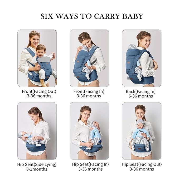 Baby Carrier with Hip Seat, Baby Carrier Newborn to Toddler, 6-in-1 Ways to Carry, All Seasons, Adjustable Baby Holder Carrier for Breastfeeding(Dark Blue)