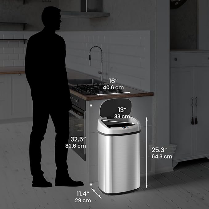 iTouchless 50 Liter / 13 Gallon Stainless Steel Kitchen Trash Can with Sensor 2.0 Tech Touchless Lid and AbsorbX Odor Filter, Oval Slim Space-Saving Automatic Garbage Bin for Home, Office, Business