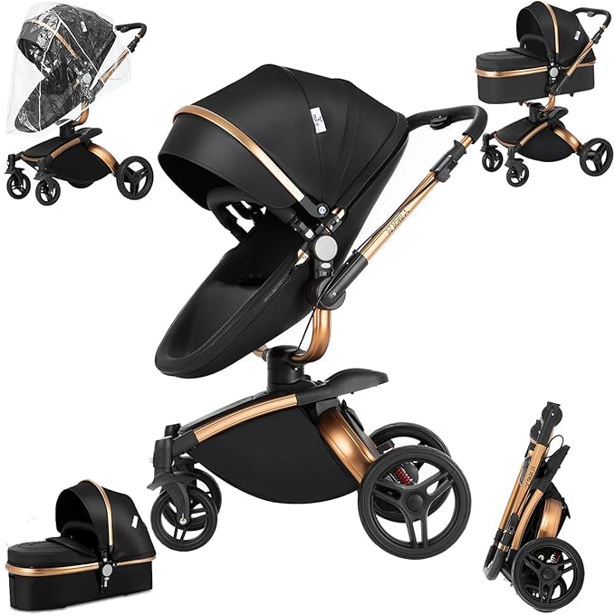 360° Rotatable PU Leather 2 in 1 Convertible Baby Stroller Mode, Infant Stroller One-Click Folding, Toddler Newborn Travel Standard Carriage Pram (HR002-Black)