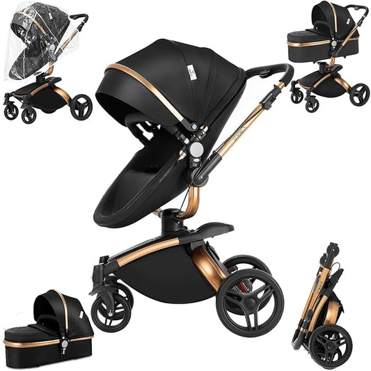 360° Rotatable PU Leather 2 in 1 Convertible Baby Stroller Mode, Infant Stroller One-Click Folding, Toddler Newborn Travel Standard Carriage Pram (HR002-Black)