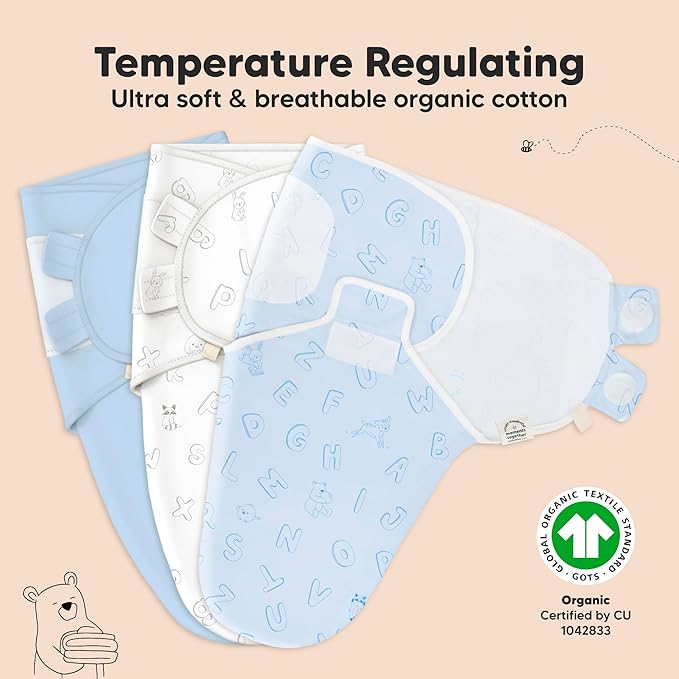 KeaBabies 3-Pack Organic Baby Swaddle Sleep Sacks - Swaddles for Newborns, Infant 3-6 Months, Baby Girls, Boys, Soft & Snug Newborn Sleep Sack, Nursery Swaddling Blankets (ABC Land Cloud, Large)