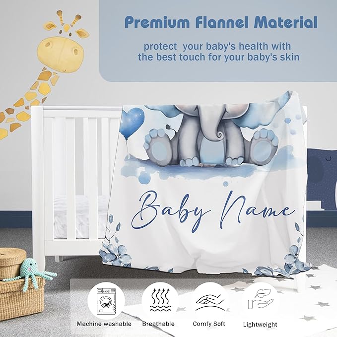 Personalized Baby Blanket for Boy Girl Newborn Custom Elephant Blanket with Name Customized Gifts for Baby Shower Birthday Christmas