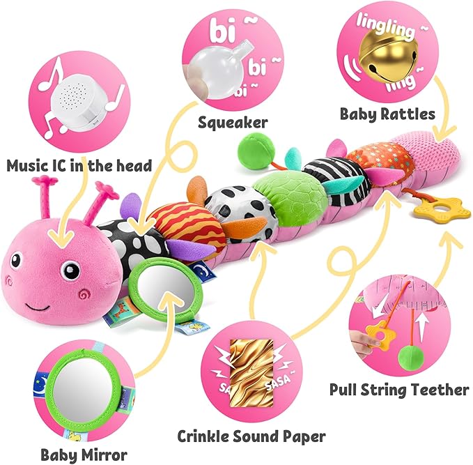 LIGHTDESIRE Baby Toys Musical Caterpillar,Infant Toys Stuffed Animals with Ruler Design,Mirror,Pull String&Ring Bell,Baby Teething Toys for Tummy Time Toy Newborn Gifts 3 6 12 Months(Pink,Leafy Limb)