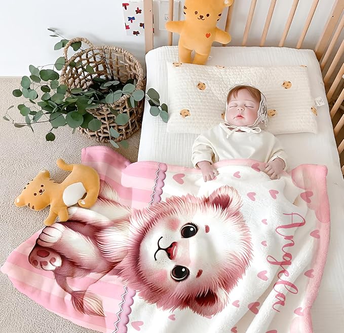 Personalized Baby Blanket for Girls, Custom Baby Blanket with Name, Soft Cozy Personalized Name Blankets for Kids, Customized Lion Blanket for Infant Toddler Birthday Christmas