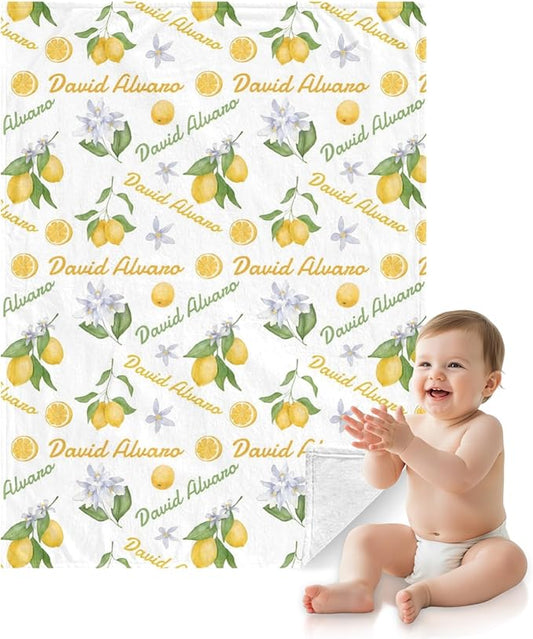 Ship Next Day Personalized Baby Blanket, Printed in USA - Custom Name Toddler Blanket with Lemon Pattern, Personalized