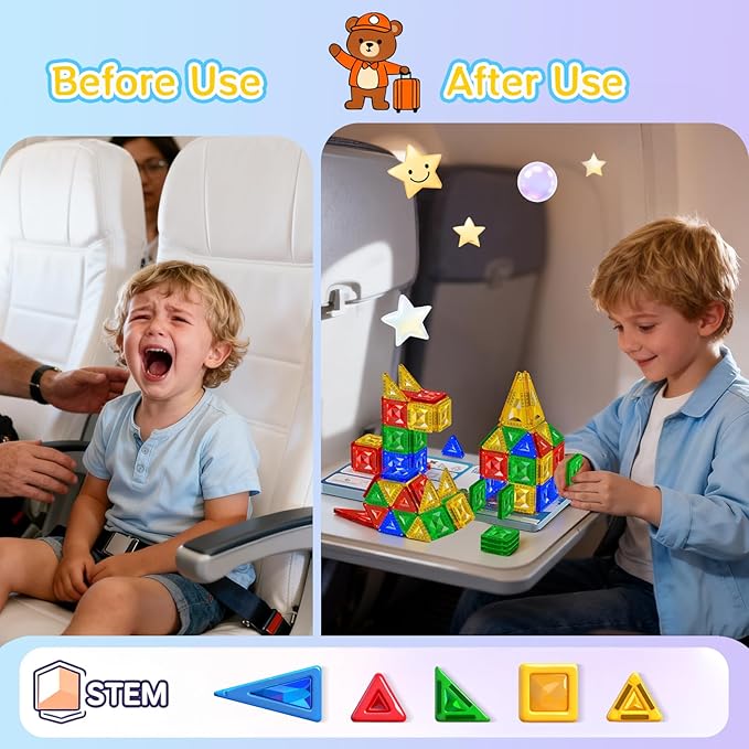 60pcs Mini Magnetic Tiles for Kids Ages 3-8,Travel Magnetic Building Blocks with Metal Storage Box, STEM Educational Toys, Montessori Sensory Learning Toys for Toddlers, Boys & Girls Gift