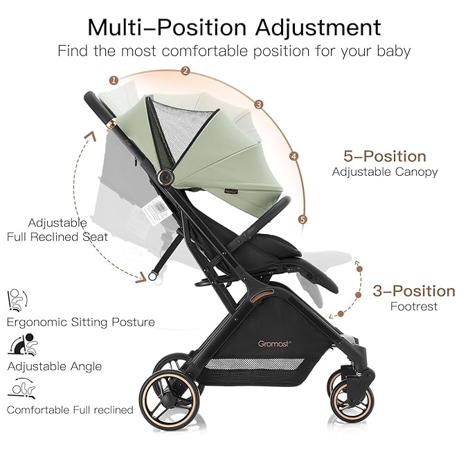 Gravity Folding Baby Stroller - Portable Travel Toddler Stroller w/Adjustable Backrest & Canopy, Cup Holder, Lightweight and UV Protected, One-Hand Automatic Folding - Green