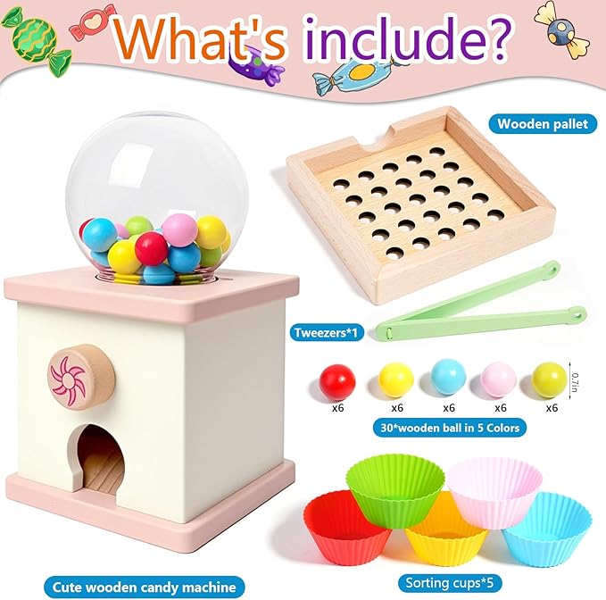 9.6" Wooden Gumball Machine Counting Montessori Toys for 3 4 5 Years Old Boys Girls, Toddler Preschool Learning Activities Toy for Kids Ages 4-8, Birthday Gifts Sensory Toys