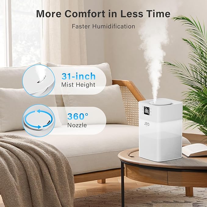 JRD 4L Humidifiers for Bedroom, Cool Mist Humidifier for Large Room, 40H Runtime, 360° Nozzle, Night Light for Home, Office, Baby Nursery, Plants（White）