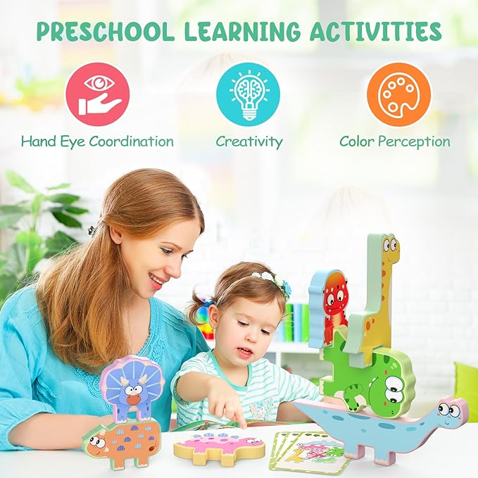 Montessori Toys for Toddlers, 10 Pack Wooden Dinosaur Stacking Blocks, Sorting & Stacking Preschool Learning Activities, Gift for Boys, Girls