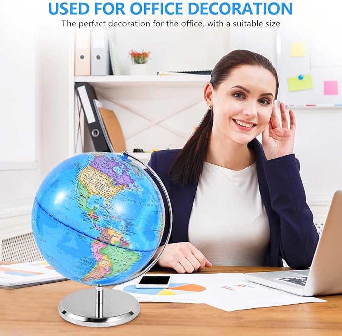 10 Inch World Globe Rotating Earth Spinning Globe with Heavy Metal Stand for Kids Geography Classroom Education or Office Home Decorations