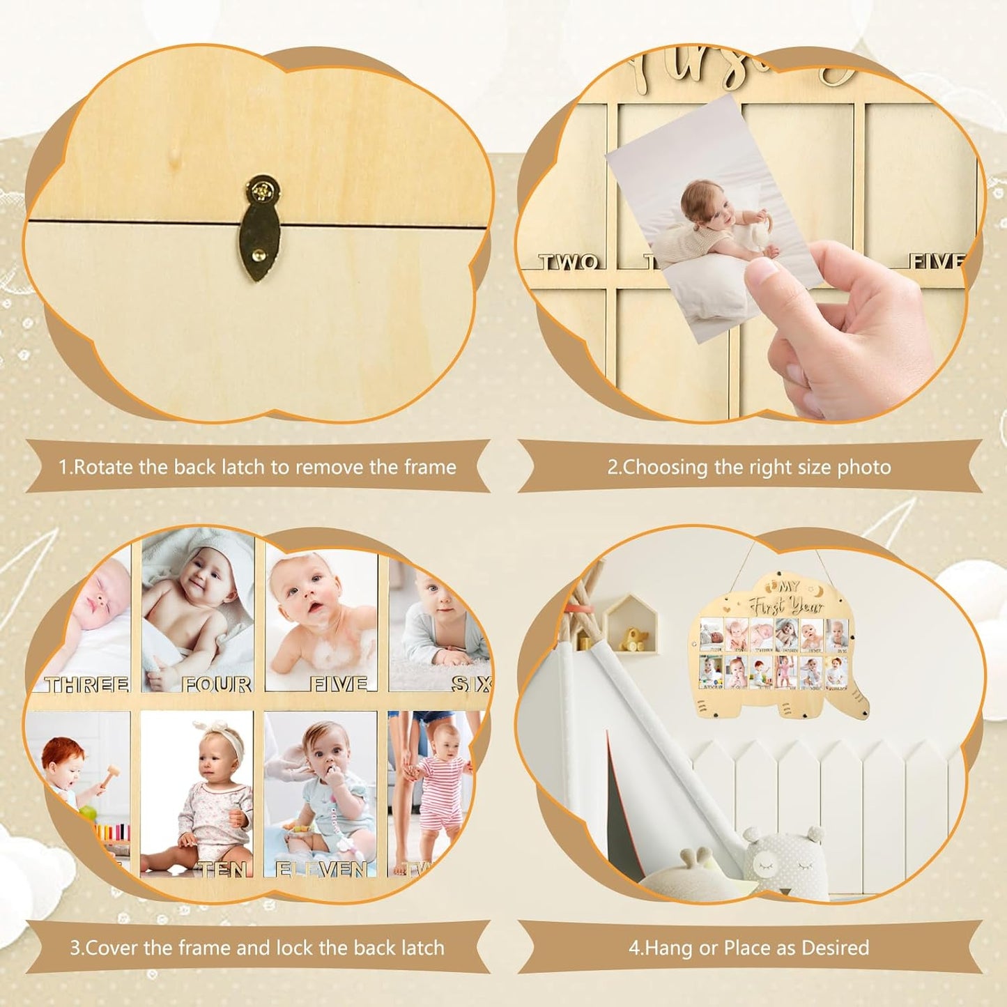 My First Year Picture Frame,One Year Of Photo Board, Baby's First Twelve Months Photo Collage and Gender Neutral Keepsake, Ideal for Baby Shower,New Mom Keepsake Gift and Nursery Decor - With Stand (Elephant sign)