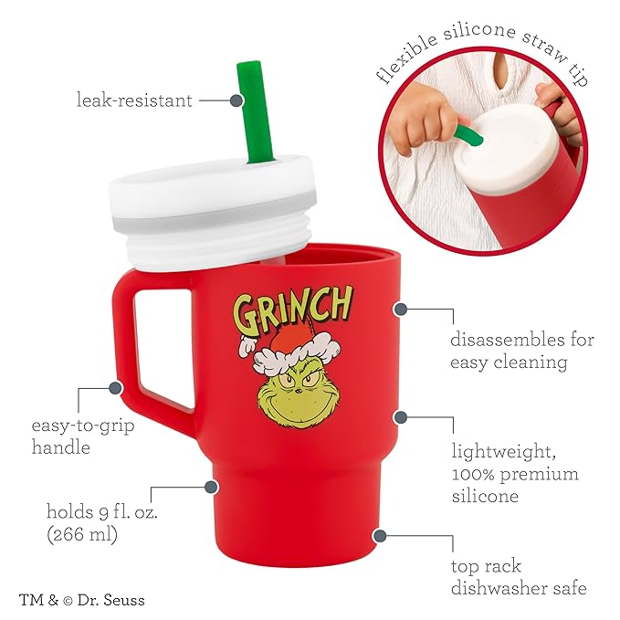 Infantino My 1st Tumbler, Silicone Sippy Cup with Straw & Handle, Spill-Resistant Baby Cup for On-the-Go, BPA-Free Transition Bottle, Grinch Red (Pack of 6)