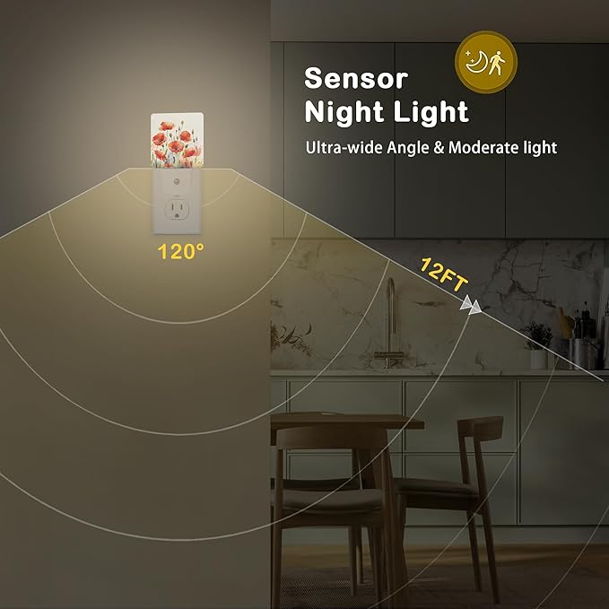 Red Poppy Flowers Night Light, Red Flowers Night Lights Plug Into Wall with Dusk to Dawn Sensor Wall Lamp, Nightlights for Bedroom, Bathroom, Hallway, Kitchen, Gifts Ideal for Girls Women