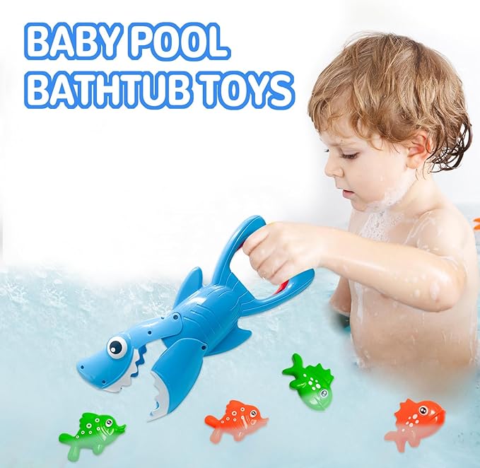 Bath Toys for Toddlers 1-3, Shark Grabber with Biting Action & 4 Toy Fish - Fun Swimming Pool & Bathtub Toys for Kids Ages 3-8, Non-Toxic Water Toys Mold-Free Bath Time Gifts for Boys & Girls
