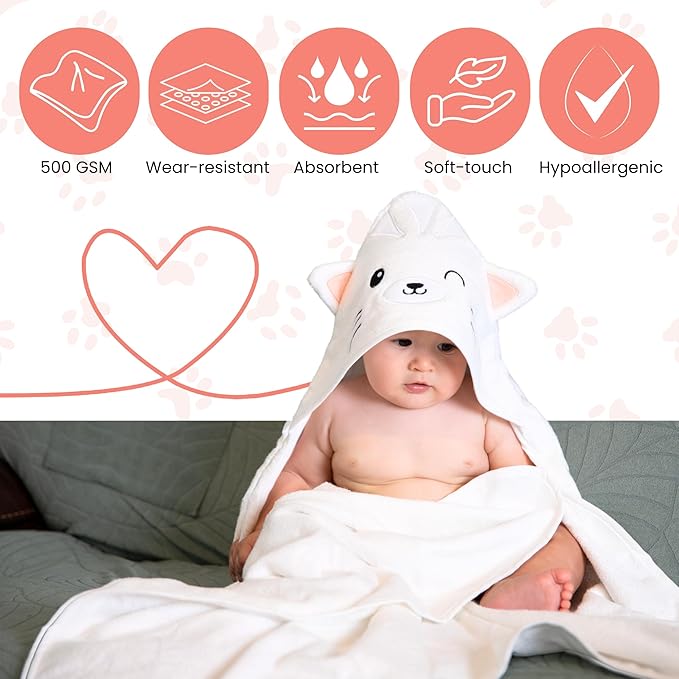 Premium Hooded Towel - 500GSM Viscose derived from Bamboo Cotton Baby Towels- Ultra Soft & Absorbent, Extra Large 35” x 35”, Hypoallergenic, Machine Washable Toddler Towel - Cat