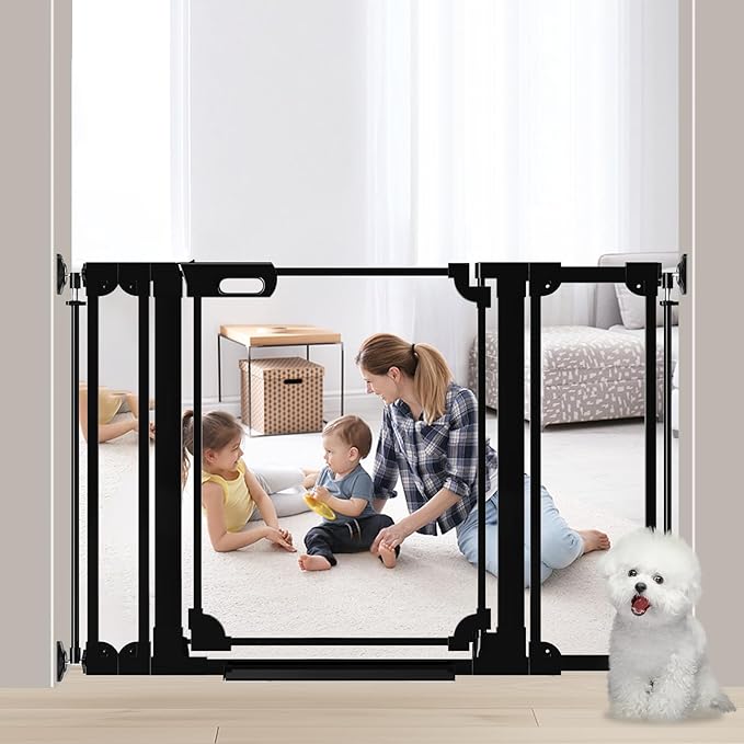 Clear Baby Gate 29.13-47.24" Wide Acrylic Safety Proof Dog Puppy Pet Barrier for Stairs, Transparent Adjustable Pressure Mounted No Drill Auto Close Indoor, Doorways, Hallway, Black