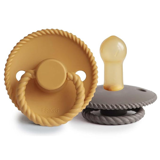 FRIGG Rope Natural Rubber Baby Pacifier | Made in Denmark | BPA-Free (Honey Gold/Portobello, 6-18 Months)