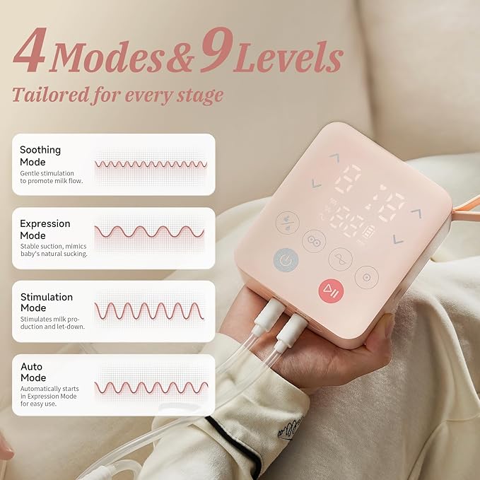 Snow Bear Electric Breast Pump, 4 Pumping Modes & 9 Intensity Levels, Portable Split-Tube Design for Double/Single Use 2500mAh Battery, Fast Charging, Quiet & Easy to Clean
