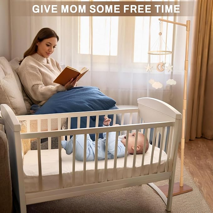 Floor-Standing Crib Mobile Arm - 65 Inch Mobile Arm for Crib - Mobile Stand for Crib - 100% Beech Wood - Movable Baby Mobile Hanger with Strong Anti-Dumping Attachment - Easy Assembly - Nursery Decor