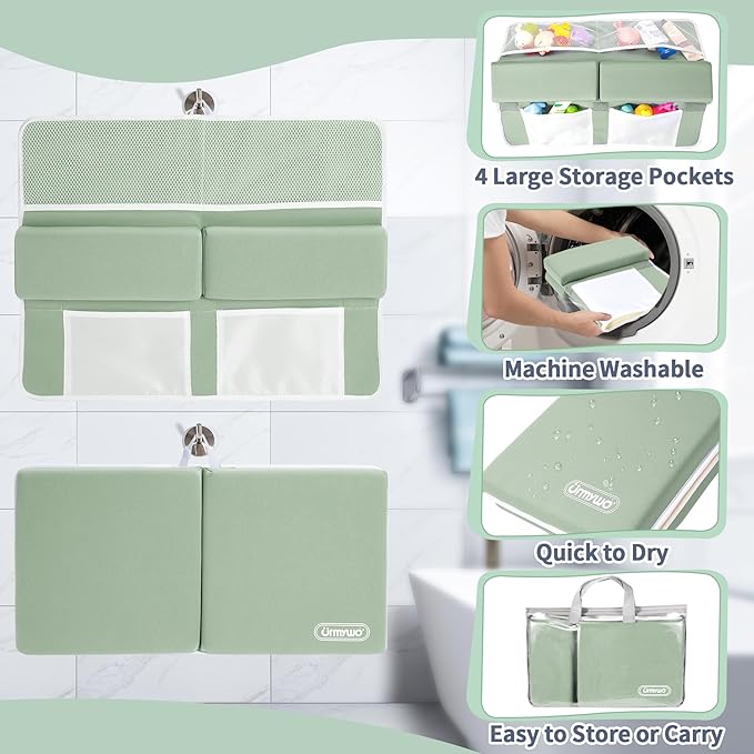 URMYWO Bath Kneeler and Elbow Rest Pad Set - 1.5" Thick Baby Bath Kneeler Pads with Toys Organizer, Anti-Slip Cozy Knee & Arm Support Bathtub Mat, Quick Dry Kneeling Pad for Baby Bath Time