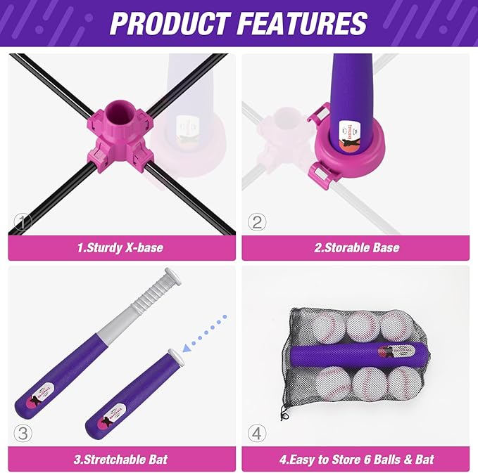 Baseball Set - 3 Ways to Play, Adjustable Height, Easy to Assemble, Safe & Sturdy, Ideal Sport Gift for Kids