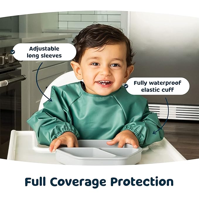 Tiny Twinkle Long Sleeve Bib for Babies & Toddlers – Waterproof Smock Bib for Eating – Machine Washable & Mess-Proof, Baby Feeding Essential & Shower Must-Have(Olive Green, 2-4Y)